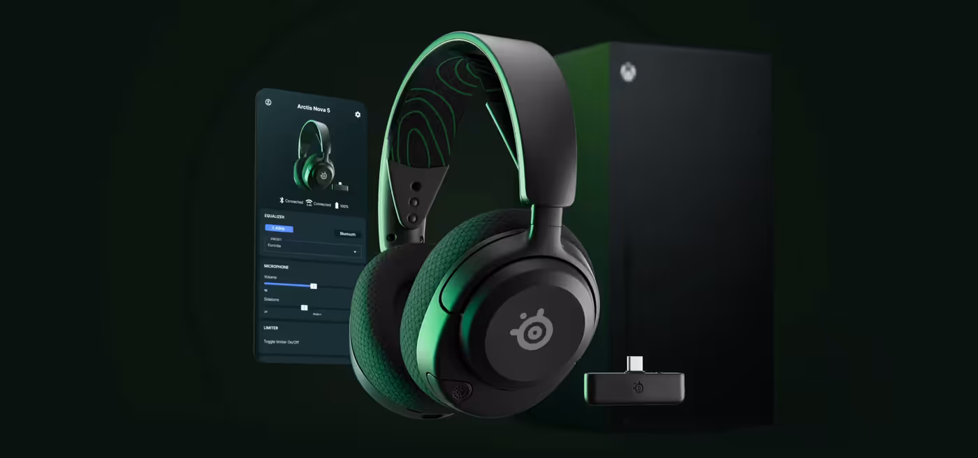 Arctis Nova 5 White for Xbox, accompanied by a mobile device with the Arctis Companion app displayed on it