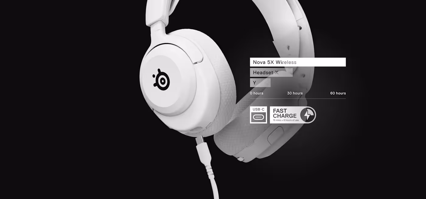 Large Arctis Nova 5 headphones with visible information about battery life.