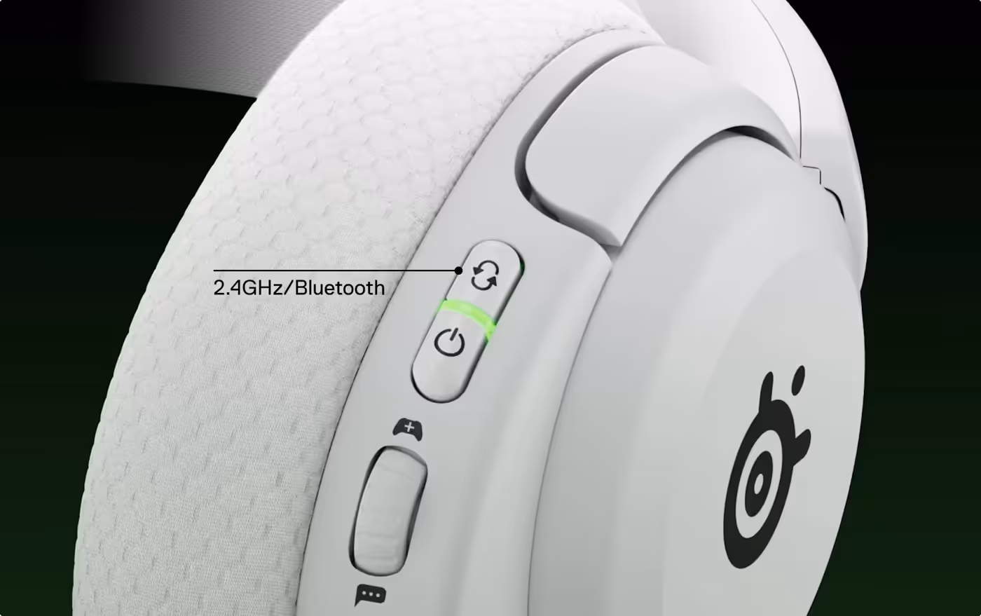 A view of a single Arctis Nova  5 headphone with visible side buttons for Bluetooth and 2.4Ghz options.