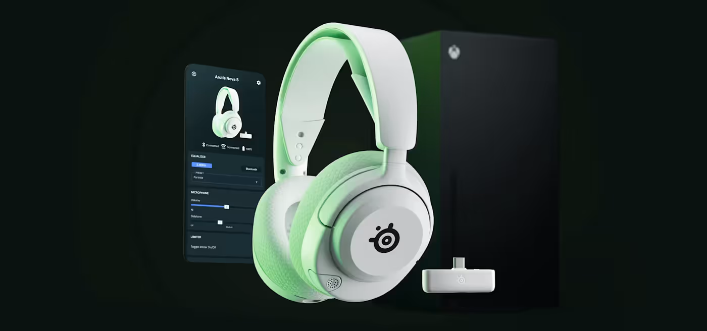 Arctis Nova 5 White for Xbox, accompanied by a mobile device with the Arctis Companion app displayed on it