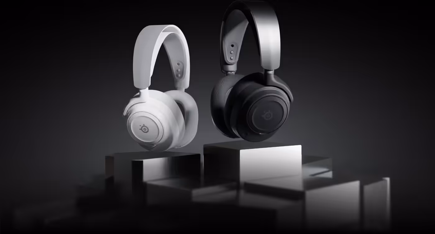Arctis Nova 7X Wireless headphones shown in black and white options against a dark backdrop