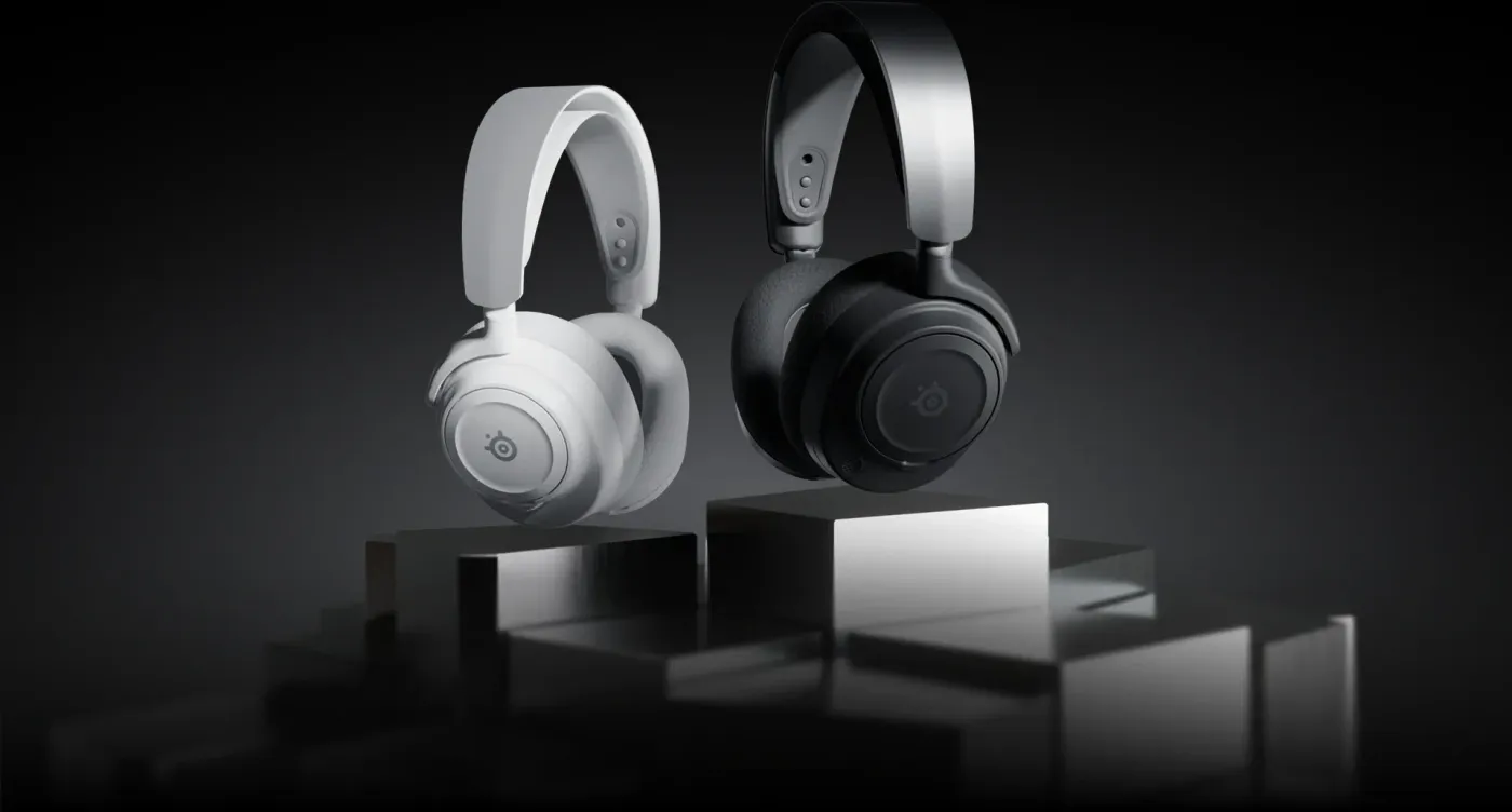 Arctis Nova 7P Wireless headphones shown in black and white options against a dark backdrop