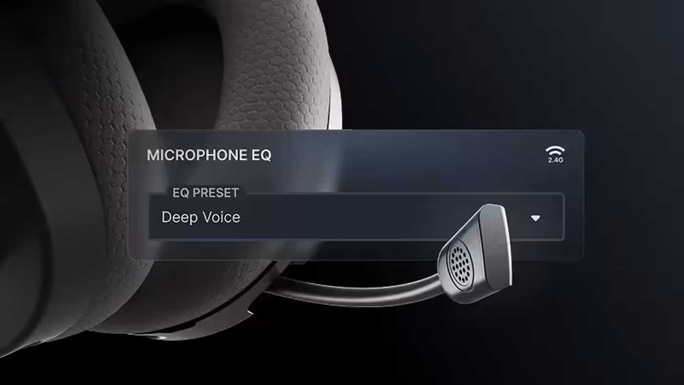 A close-up of a headset microphone with an on-screen menu showing a selected 'Deep Voice' microphone EQ preset.