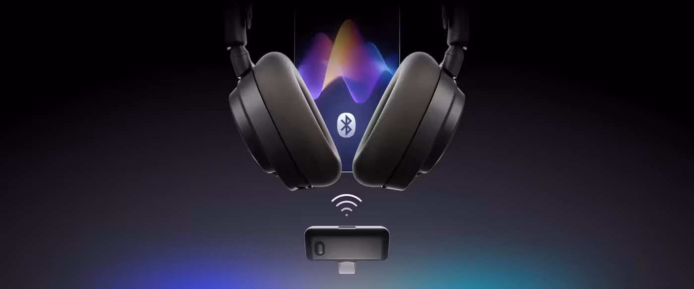 Arctis Nova 7 Gen 2 headset demonstrating dual 2.4GHz wireless and Bluetooth connectivity