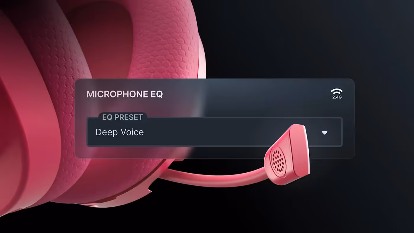 A close-up of a headset microphone with an on-screen menu showing a selected 'Deep Voice' microphone EQ preset.