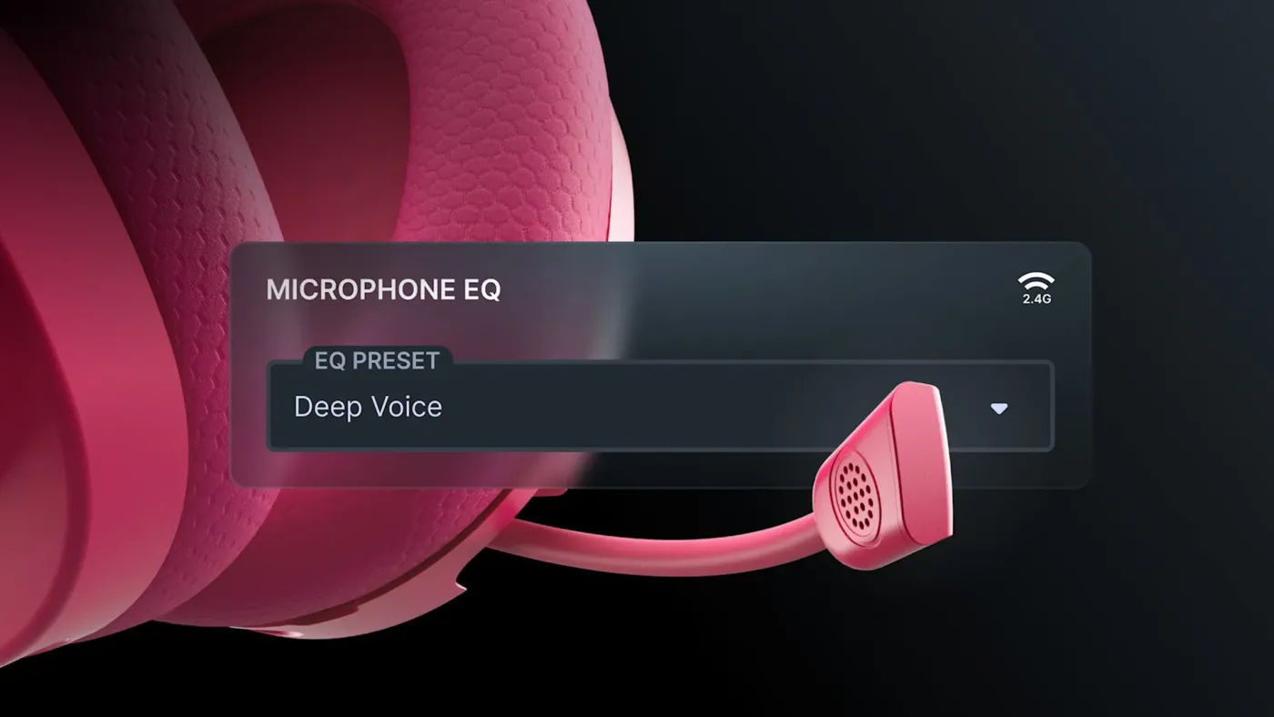 A close-up of a headset microphone with an on-screen menu showing a selected 'Deep Voice' microphone EQ preset.