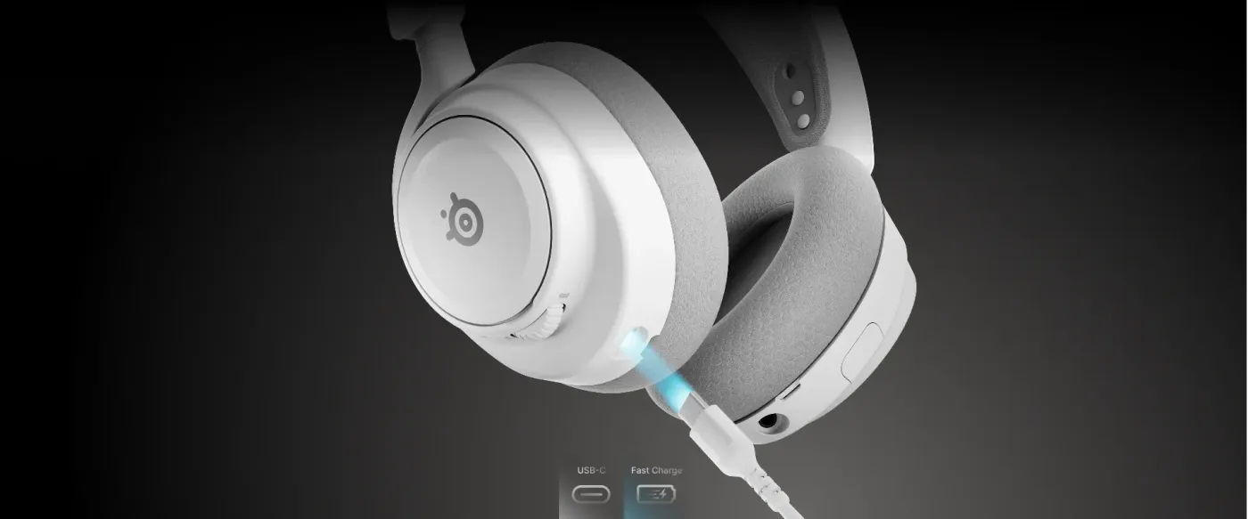 Headset featured on a dark background highlighting the 50-hour battery life and fast charge