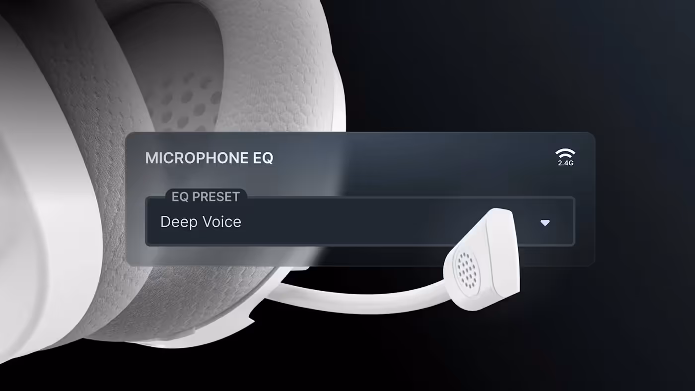 A close-up of a headset microphone with an on-screen menu showing a selected 'Deep Voice' microphone EQ preset.