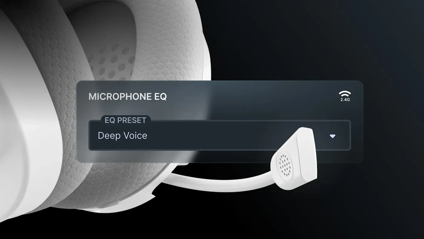 A close-up of a headset microphone with an on-screen menu showing a selected 'Deep Voice' microphone EQ preset.