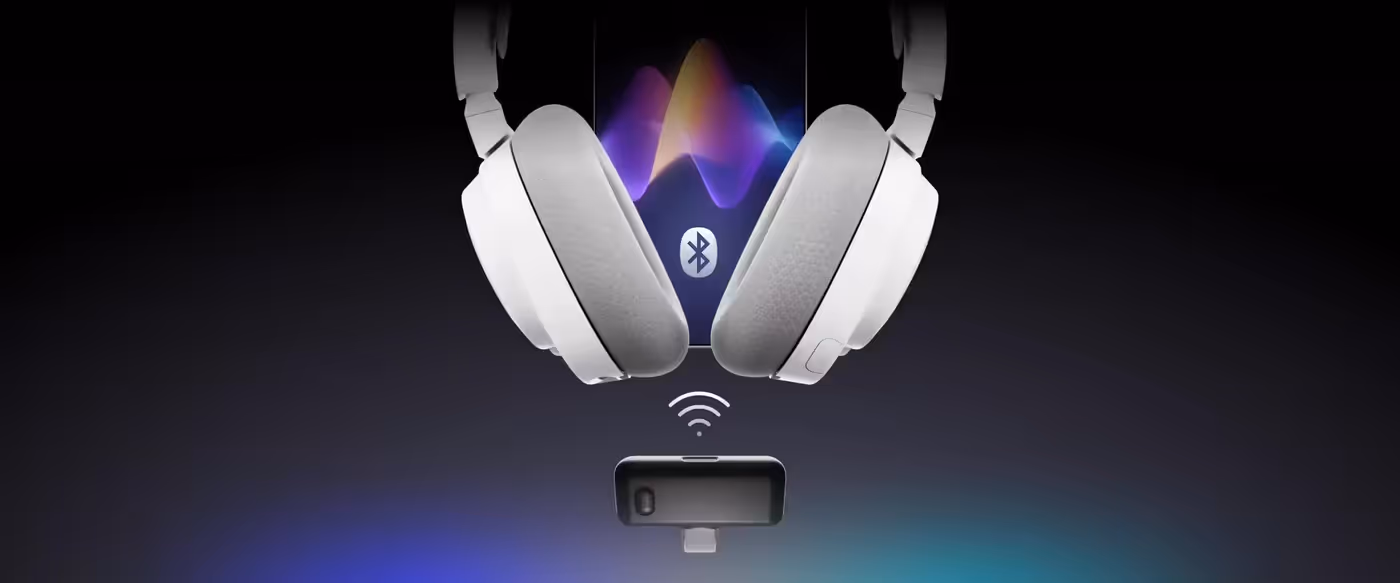 Arctis Nova 7 Gen 2 headset demonstrating dual 2.4GHz wireless and Bluetooth connectivity