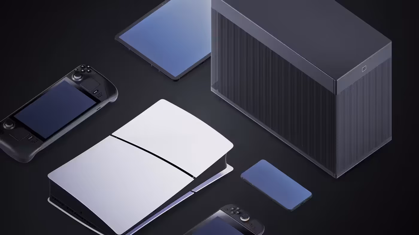 Display of various compatible devices including PC, PlayStation, and Nintendo Switch