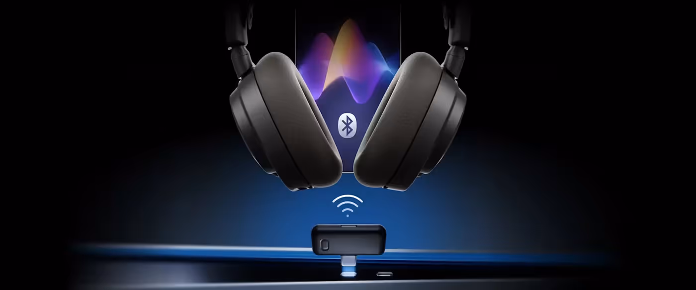 Arctis Nova 7P Gen 2 headset demonstrating dual 2.4GHz wireless and Bluetooth connectivity
