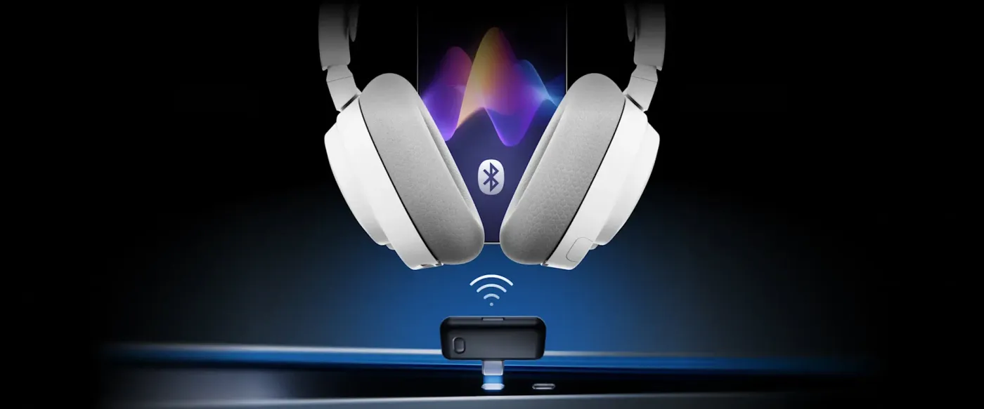 Arctis Nova 7P Gen 2 headset demonstrating dual 2.4GHz wireless and Bluetooth connectivity