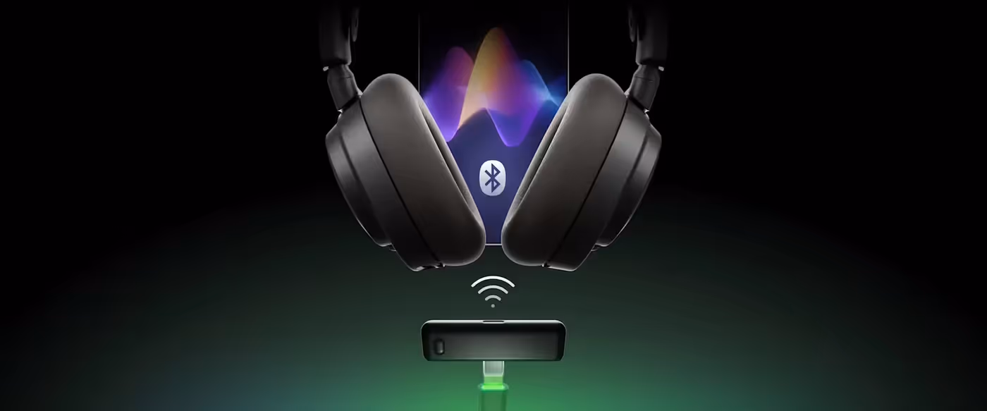 Arctis Nova 7X Gen 2 headset demonstrating dual 2.4GHz wireless and Bluetooth connectivity