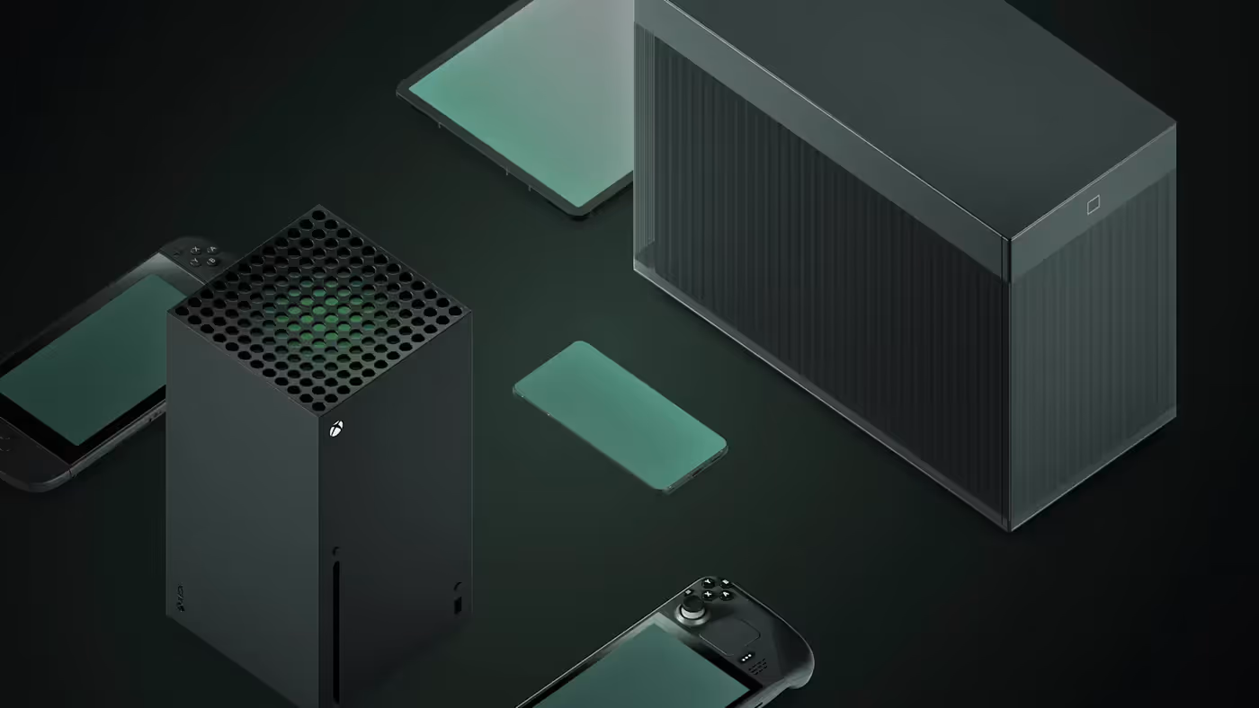 Display of various compatible devices including PC, Xbox, PlayStation, and Nintendo Switch