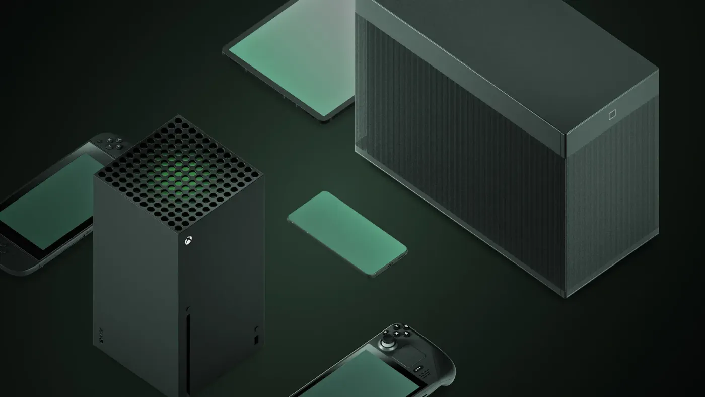Display of various compatible devices including PC, Xbox, PlayStation, and Nintendo Switch
