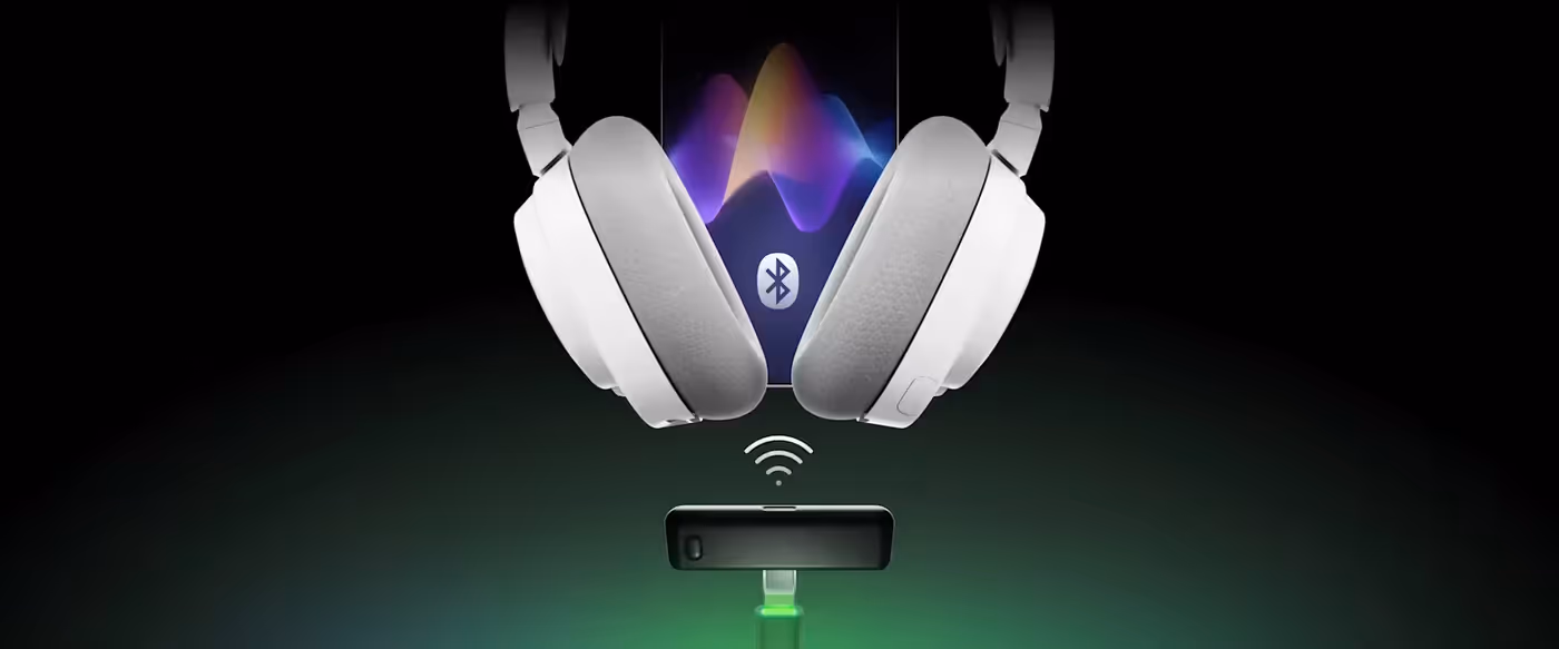 Arctis Nova 7X Gen 2 headset demonstrating dual 2.4GHz wireless and Bluetooth connectivity