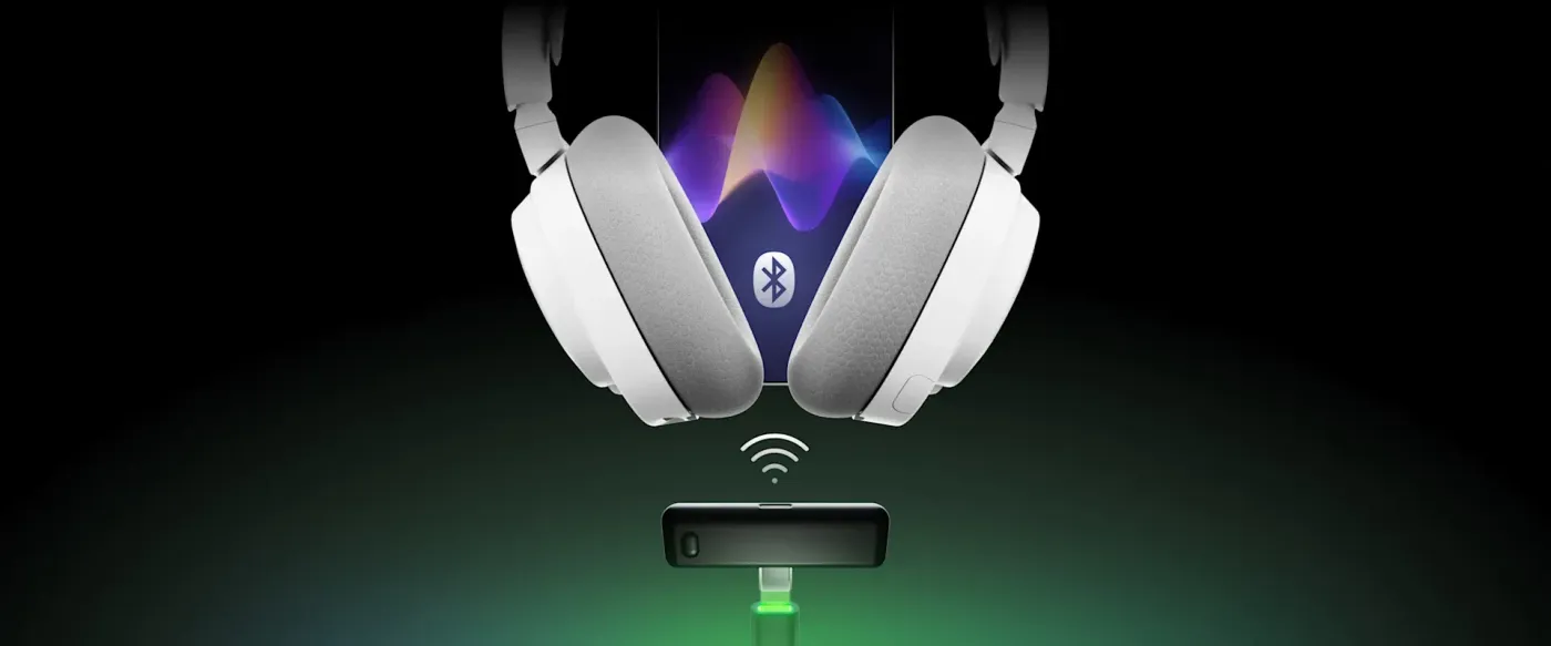 Arctis Nova 7X Gen 2 headset demonstrating dual 2.4GHz wireless and Bluetooth connectivity
