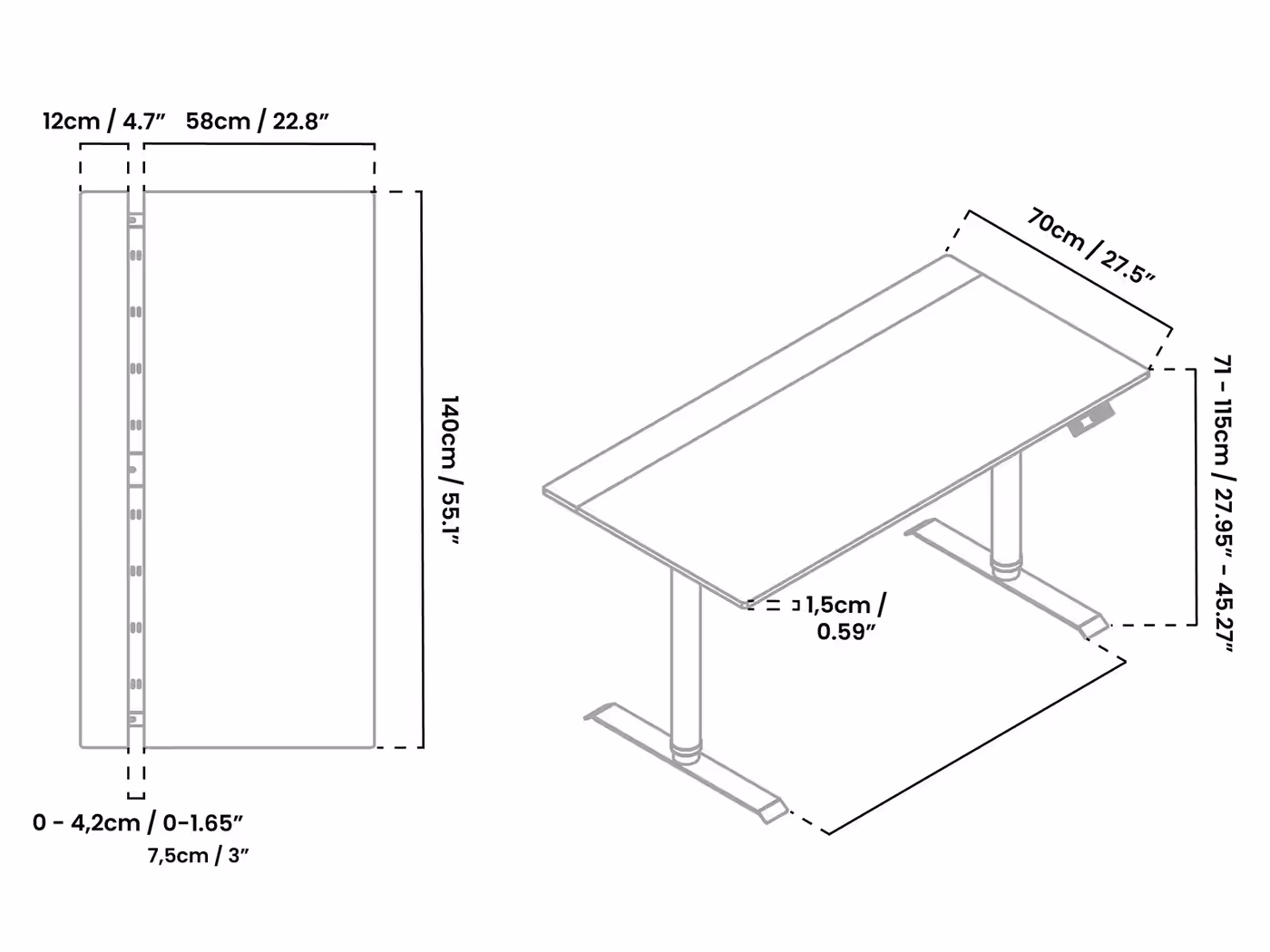 Measurement chart of a desk with dimensions labeled