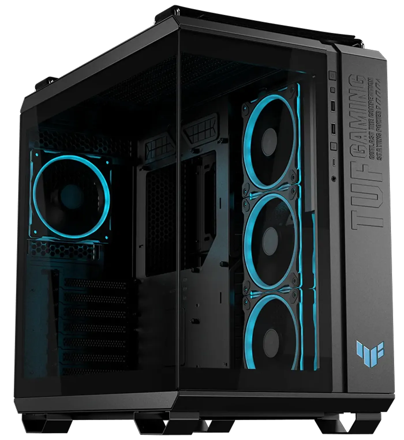 Case interior with four pre-installed ARGB fans with vibrant lighting effects.