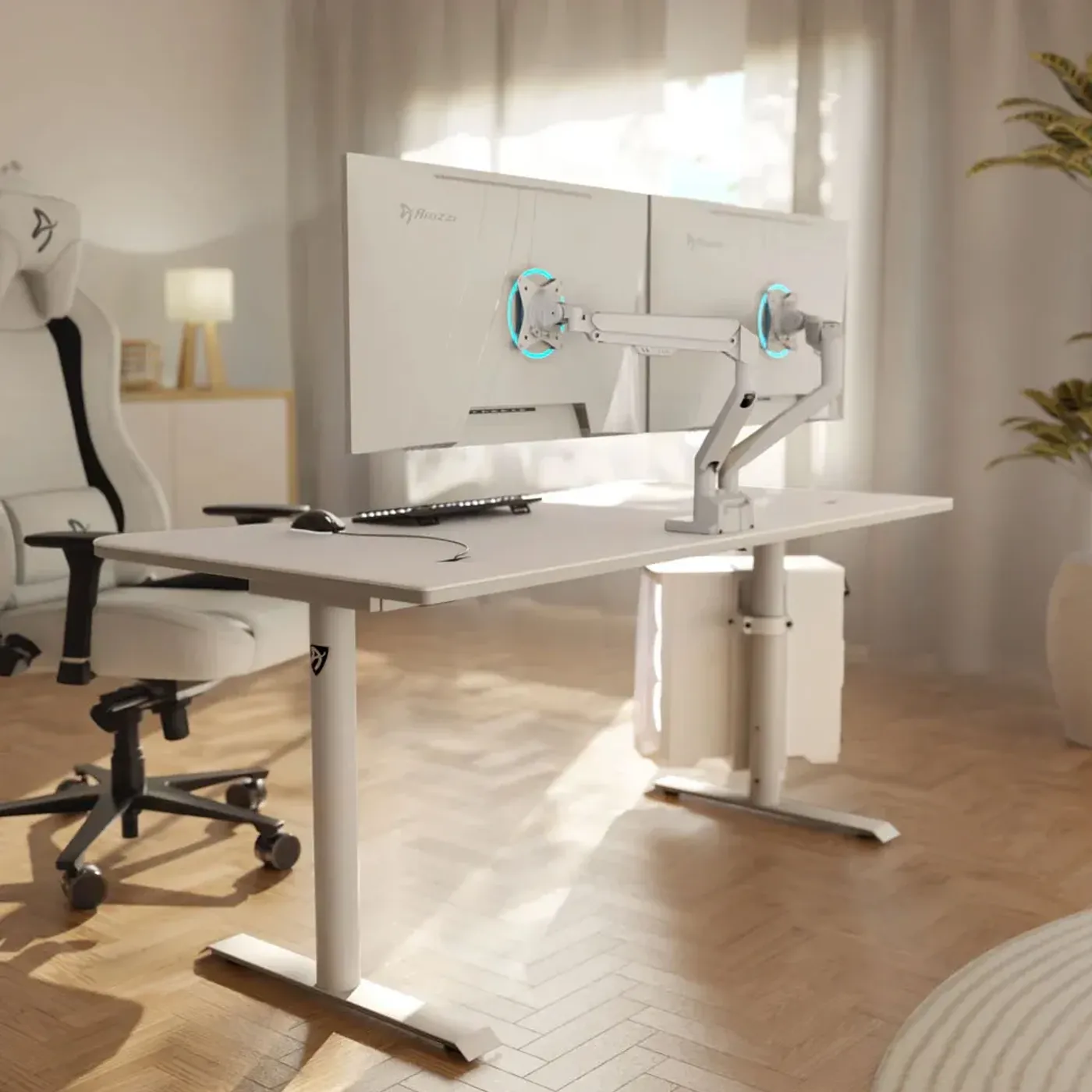 Two white Arozzi monitors on the white Alzare Neo Duo arm