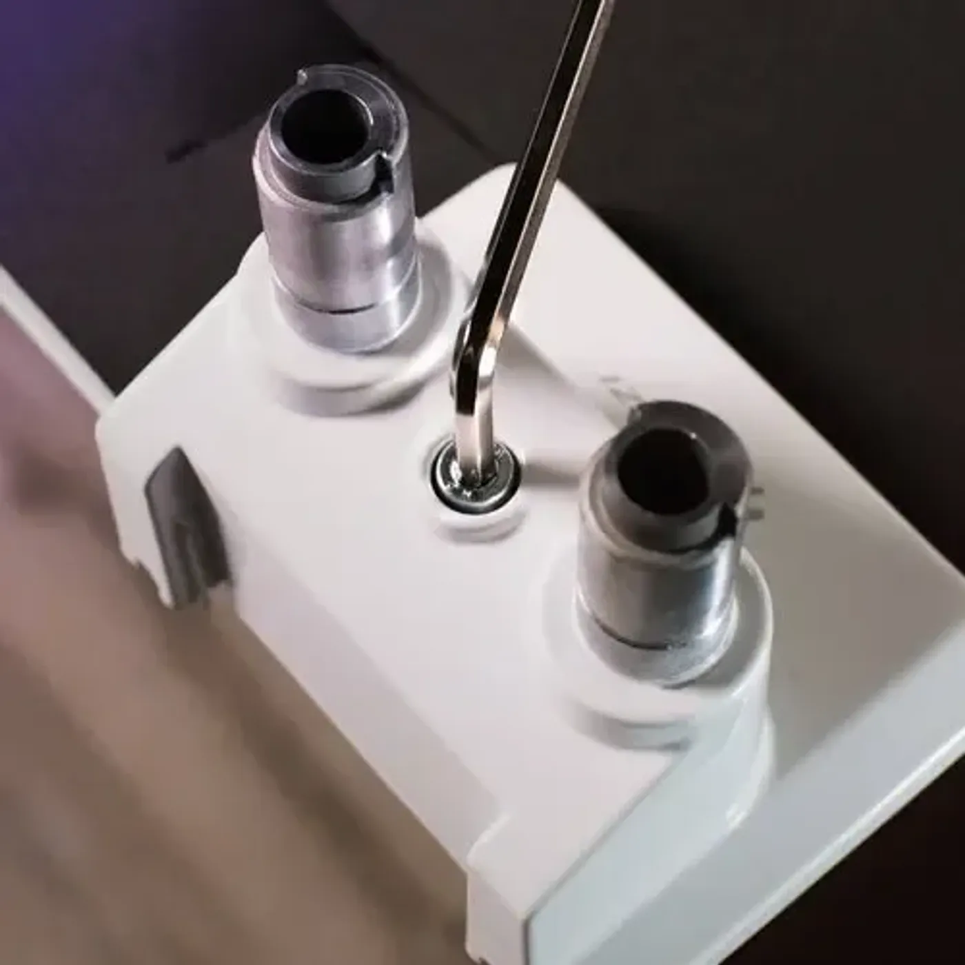 Monitor arm demonstrating quick above-desk stand installation