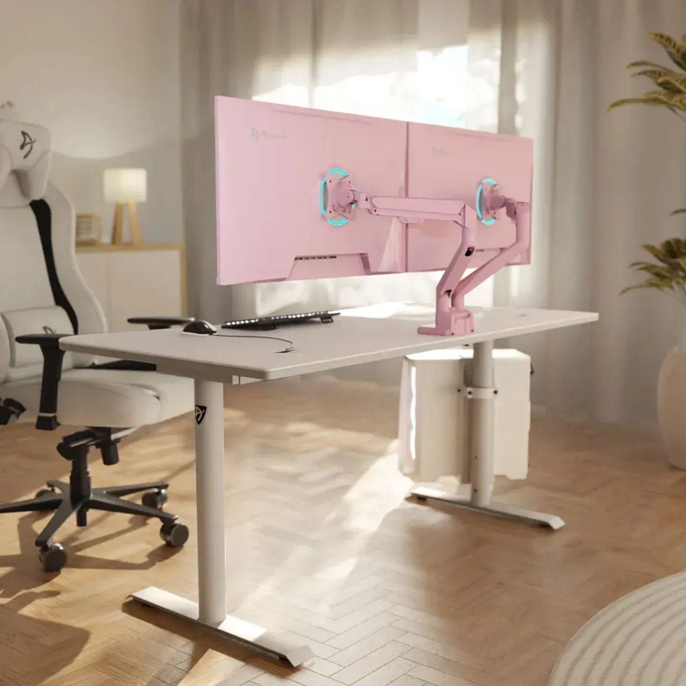 Two pink Arozzi monitors on the pink Alzare Neo Duo arm