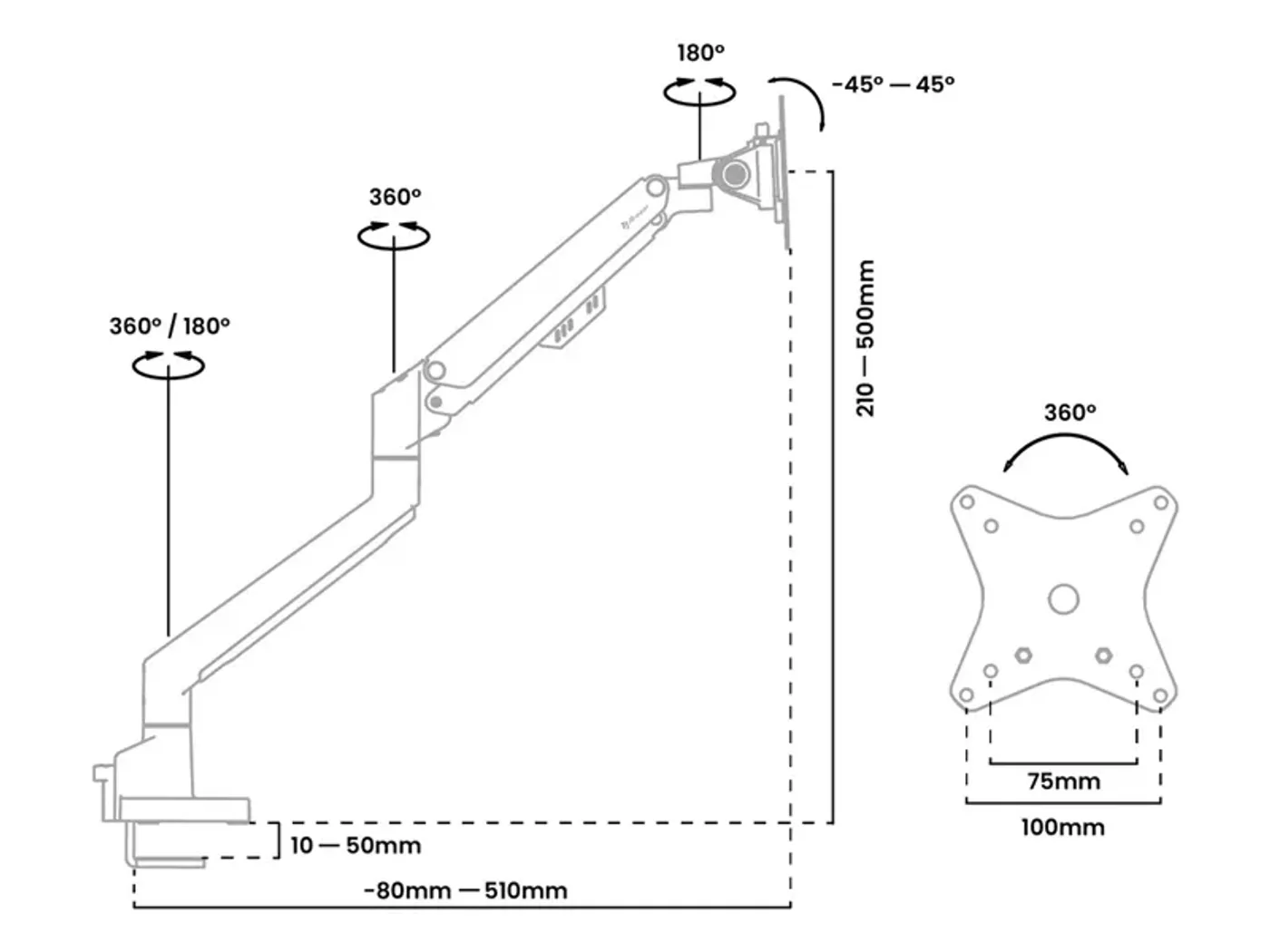 Arozzi Alzare Neo monitor arm product measurements