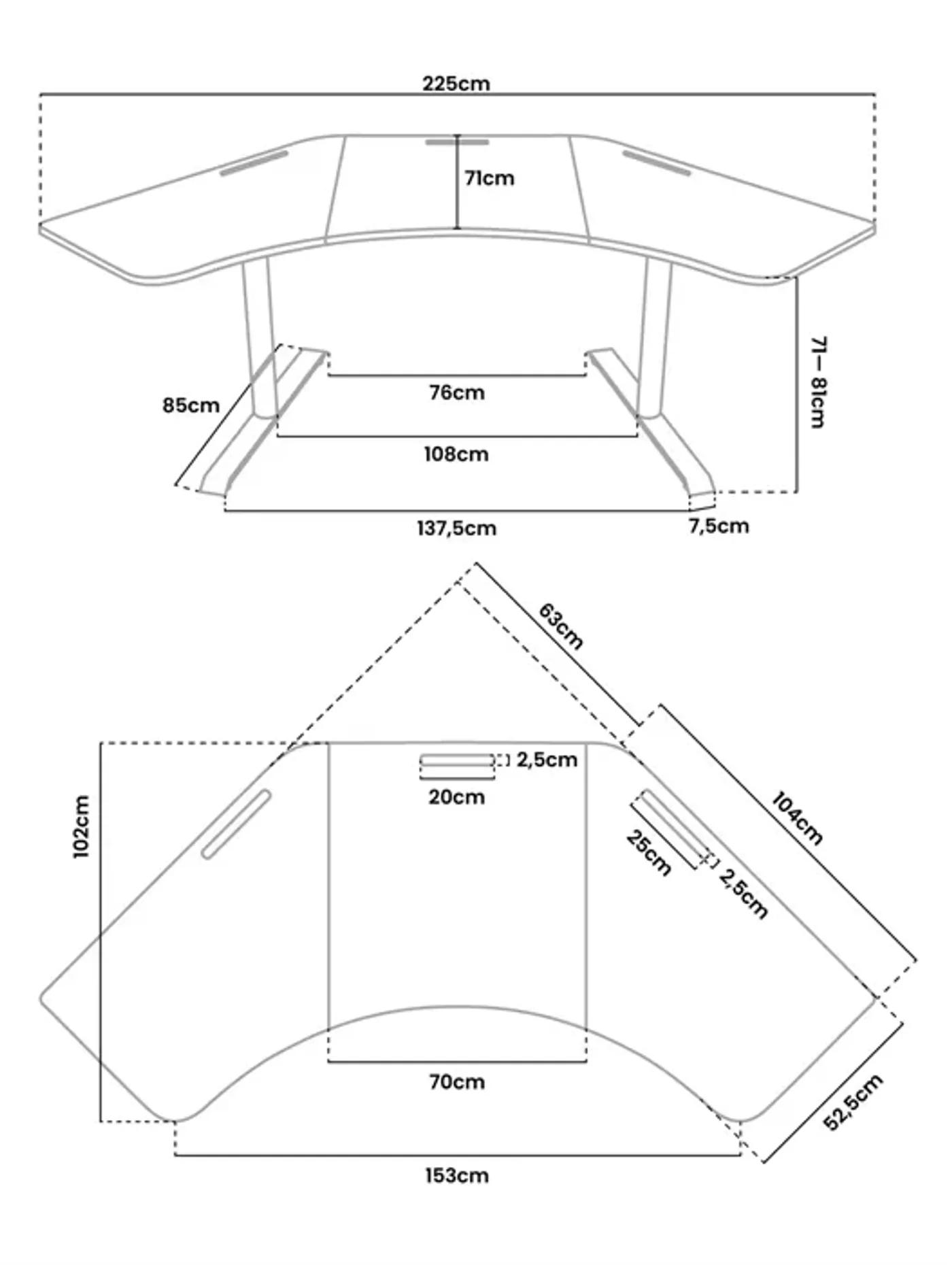 Gaming desk measurement diagram with dimensions