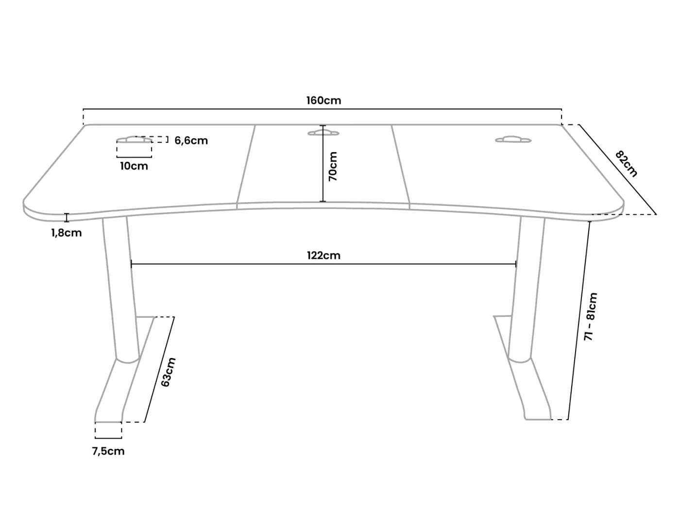 Detailed measurements image of the Arozzi Arena Medium desk