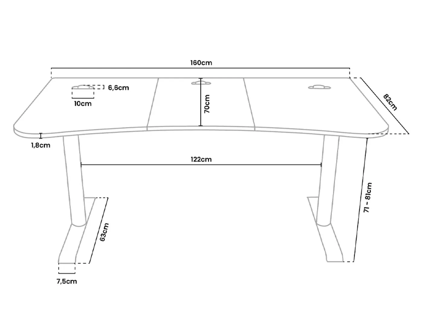 Detailed measurement diagram of the Arozzi Arena Sakura Large gaming desk