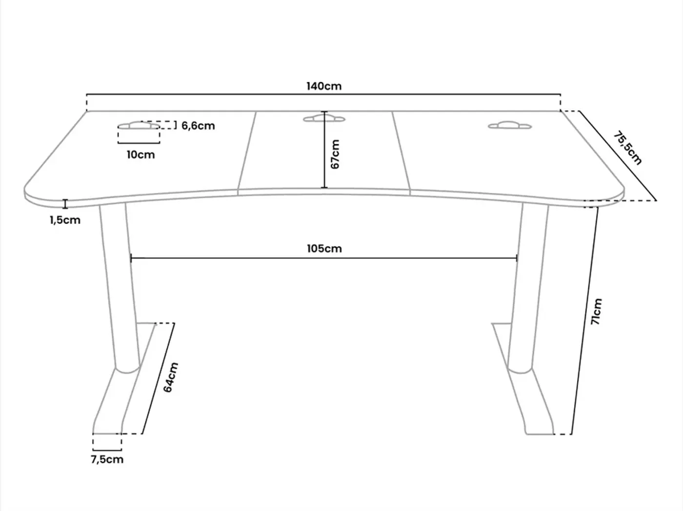 Detailed measurements image of the Arozzi Arena Medium desk
