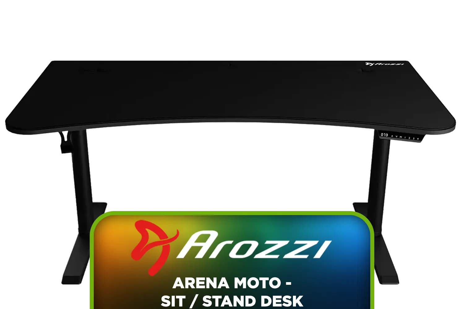 Arozzi Arena Moto Motorized Ultrawide Curved Office and Gaming Desk - Black / Sit-Stand Desk Monitor Mount / Cable Management Cut-Outs / Adjustable Legs Height / Full Surface Water-Resistant Desk Mat / Headset hanger Included / AZ-ARENA-MOTO