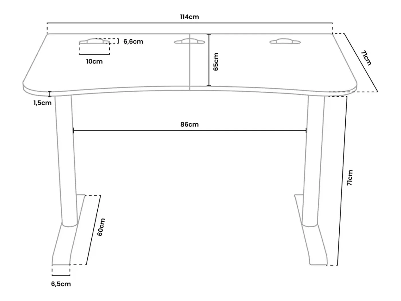 Detailed measurement diagram of the Arozzi Arena Small Gaming Desk