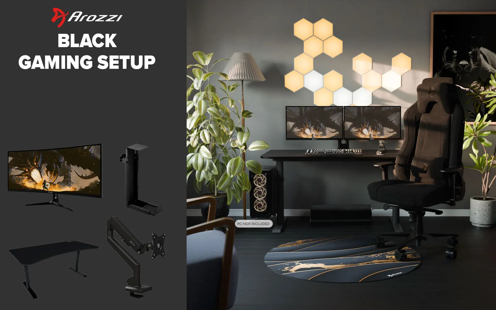 [Black] Arozzi Single Monitor Gaming Setup / Arrozi Nova 34“ Curved Gaming Monitor, 165Hz Refresh Rate, UWQHD (3440x1440) Resolution, 1ms Response Time, AZ-NO-34T2K165-BK / Arozzi Arena Large Gaming Desk, Full-surface Microfiber Mousepad Cover, ARENA-PURE-BLACK / Arozzi Vernazza Supersoft Gaming Chair, VERNAZZA-SPSF-PBK / Arozzi Alzare Neo Gas Spring Monitor Arm, AZ-ALZARE-NEO-BK / Arrozi Arena PC Mount, AZ-PCMOUNT-BK / PC Not Included