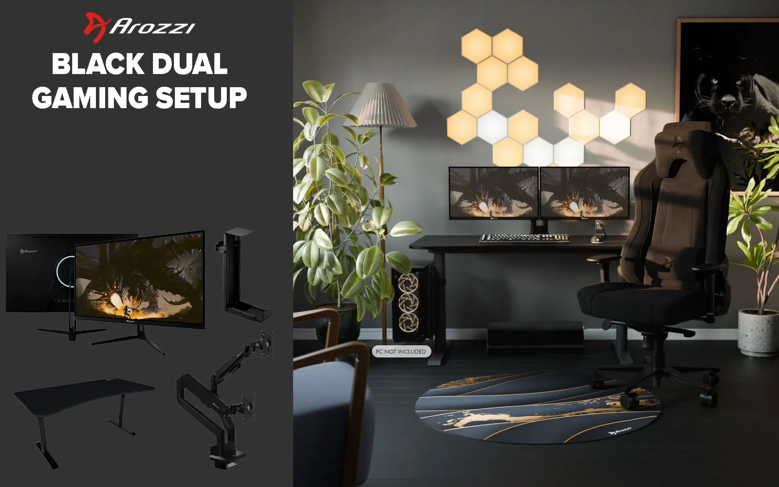 [Black] Arozzi Dual Monitor Gaming Setup / Arrozi Nova 27" Gaming Monitor, 180Hz Refresh Rate, QHD (2560x1440) Resolution, 1ms Response Time, AZ-NO-27T2K180-BK / Arozzi Arena Large Gaming Desk, Full-surface Microfiber Mousepad Cover, ARENA-PURE-BLACK / Arozzi Vernazza Supersoft Gaming Chair,  VERNAZZA-SPSF-PBK / Arozzi Alzare Neo Duo Gas Spring Monitor Arm, AZ-ALZARE-NEO-DUO-BK / Arrozi Arena PC Mount, AZ-PCMOUNT-BK / PC Not Included