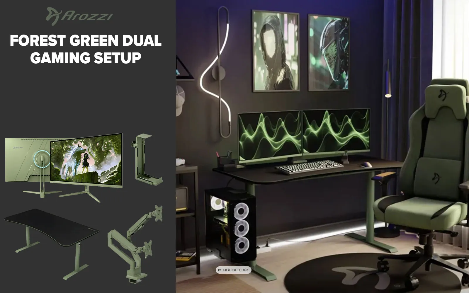 [Forest Green] Arozzi Dual Monitor Gaming Setup / Arrozi Nova 27" Gaming Monitor, 180Hz Refresh Rate, QHD (2560x1440) Resolution, 1ms Response Time, AZ-NO-27T2K180-FST / Arozzi Arena Large Gaming Desk, Full-surface Microfiber Mousepad Cover, ARENA-FST / Arozzi Vernazza Supersoft Gaming Chair,  VERNAZZA-SPSF-FST / Arozzi Alzare Neo Duo Gas Spring Monitor Arm, AZ-ALZARE-NEO-DUO-FST / Arrozi Arena PC Mount, AZ-PCMOUNT-FST / PC Not Included