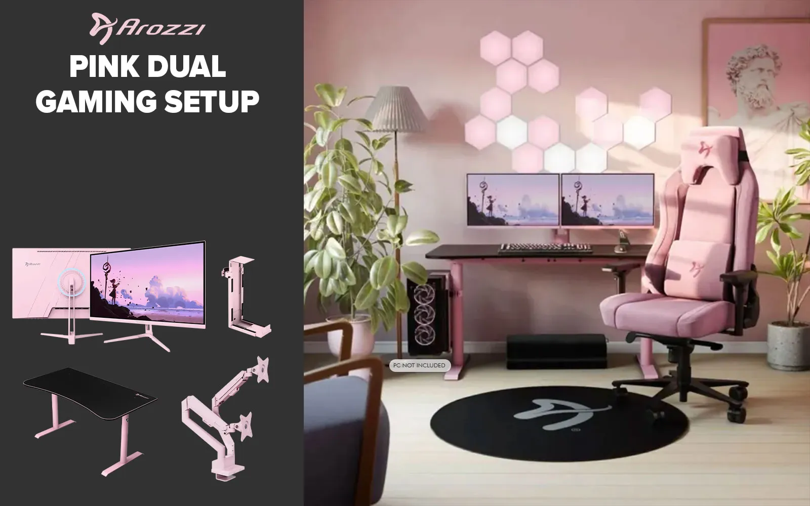 [Pink] Arozzi Dual Monitor Gaming Setup / Arrozi Nova 27" Gaming Monitor, 180Hz Refresh Rate, QHD (2560x1440) Resolution, 1ms Response Time, AZ-NO-27T2K180-PNK / Arozzi Arena Large Gaming Desk, Full-surface Microfiber Mousepad Cover, ARENA-PNK / Arozzi Vernazza Supersoft Gaming Chair, VERNAZZA-SPSF-PNK / Arozzi Alzare Neo Duo Gas Spring Monitor Arm, AZ-ALZARE-NEO-DUO-PNK / Arrozi Arena PC Mount, AZ-PCMOUNT-PNK / PC Not Included