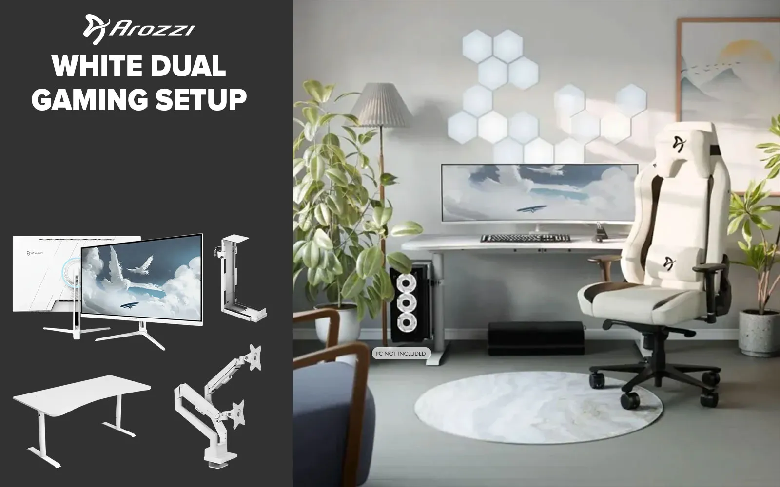 [White] Arozzi Dual Monitor Gaming Setup / Arrozi Nova 27" Gaming Monitor, 180Hz Refresh Rate, QHD (2560x1440) Resolution, 1ms Response Time, AZ-NO-27T2K180-WT / Arozzi Arena Large Gaming Desk, Full-surface Microfiber Mousepad Cover, ARENA-PWT / Arozzi Vernazza Soft Gaming Chair, VERNAZZA-SPU-WT / Arozzi Alzare Neo Duo Gas Spring Monitor Arm, AZ-ALZARE-NEO-DUO-WT / Arrozi Arena PC Mount, AZ-PCMOUNT-WT / PC Not Included