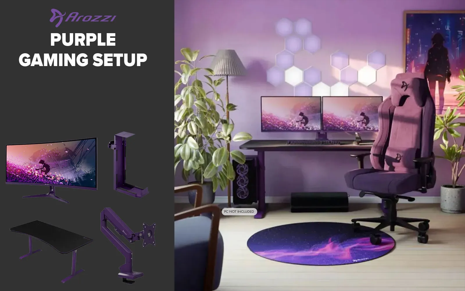[Purple] Arozzi Single Monitor Gaming Setup / Arrozi Nova 34“ Curved Gaming Monitor, 165Hz Refresh Rate, UWQHD (3440x1440) Resolution, 1ms Response Time, AZ-NO-34T2K165-PP / Arozzi Arena Large Gaming Desk, Full-surface Microfiber Mousepad Cover, ARENA-PP / Arozzi Vernazza Supersoft Gaming Chair, VERNAZZA-SPSF-PP / Arozzi Alzare Neo Gas Spring Monitor Arm, AZ-ALZARE-NEO-PP / Arrozi Arena PC Mount, AZ-PCMOUNT-PP / PC Not Included