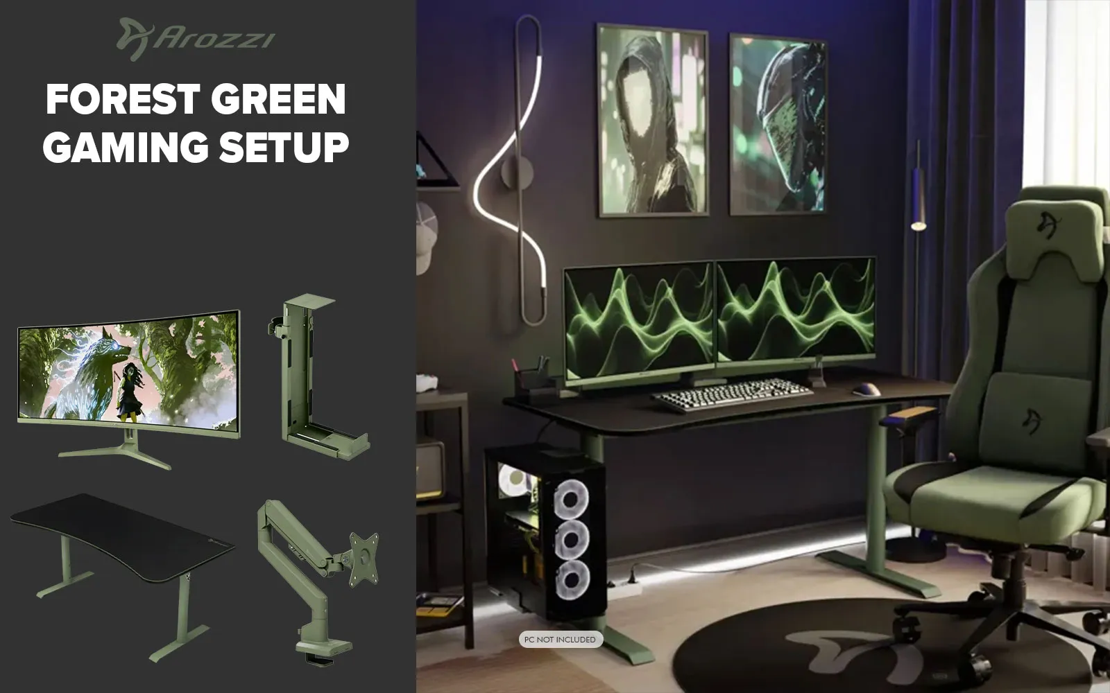 [Forest Green] Arozzi Single Monitor Gaming Setup / Arrozi Nova 34“ Curved Gaming Monitor, 165Hz Refresh Rate, UWQHD (3440x1440) Resolution, 1ms Response Time,  AZ-NO-34T2K165-FST / Arozzi Arena Large Gaming Desk, Full-surface Microfiber Mousepad Cover, ARENA-FST / Arozzi Vernazza Supersoft Gaming Chair, VERNAZZA-SPSF-FST / Arozzi Alzare Neo Gas Spring Monitor Arm, AZ-ALZARE-NEO-FST / Arrozi Arena PC Mount, AZ-PCMOUNT-FST / PC Not Included