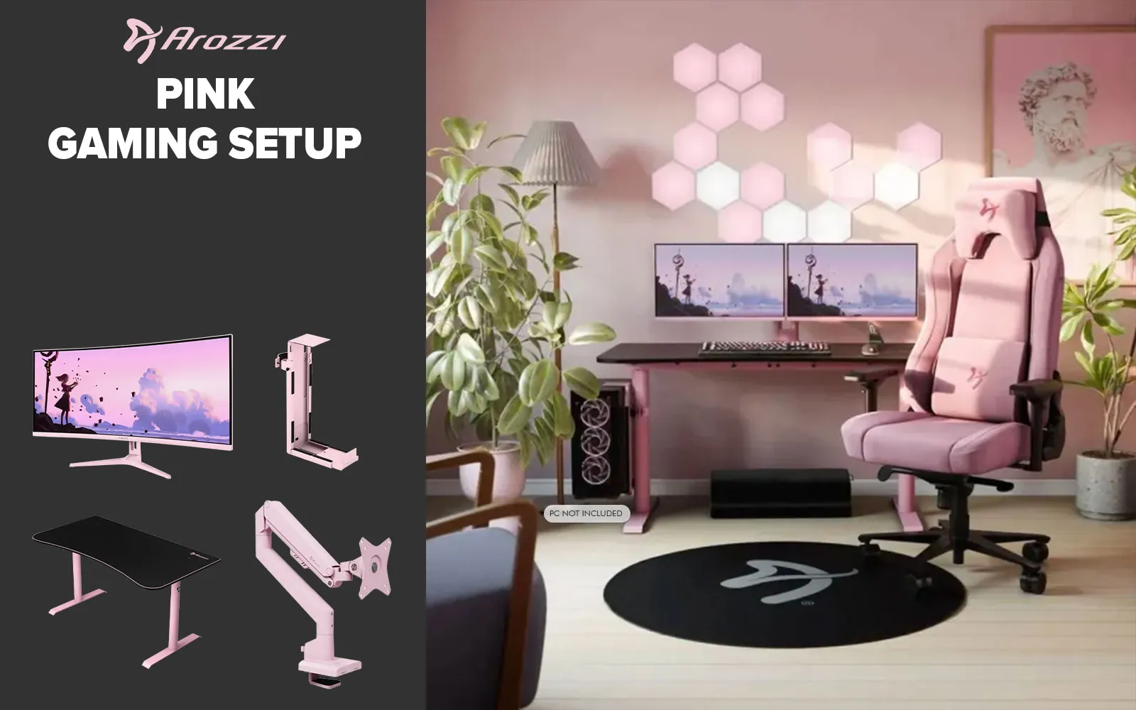 [Pink] Arozzi Single Monitor Gaming Setup / Arrozi Nova 34“ Curved Gaming Monitor, 165Hz Refresh Rate, UWQHD (3440x1440) Resolution, 1ms Response Time, AZ-NO-34T2K165-PNK / Arozzi Arena Large Gaming Desk, Full-surface Microfiber Mousepad Cover, ARENA-PNK / Arozzi Vernazza Supersoft Gaming Chair, VERNAZZA-SPSF-PNK / Arozzi Alzare Neo Gas Spring Monitor Arm, AZ-ALZARE-NEO-PNK / Arrozi Arena PC Mount, AZ-PCMOUNT-PNK / PC Not Included