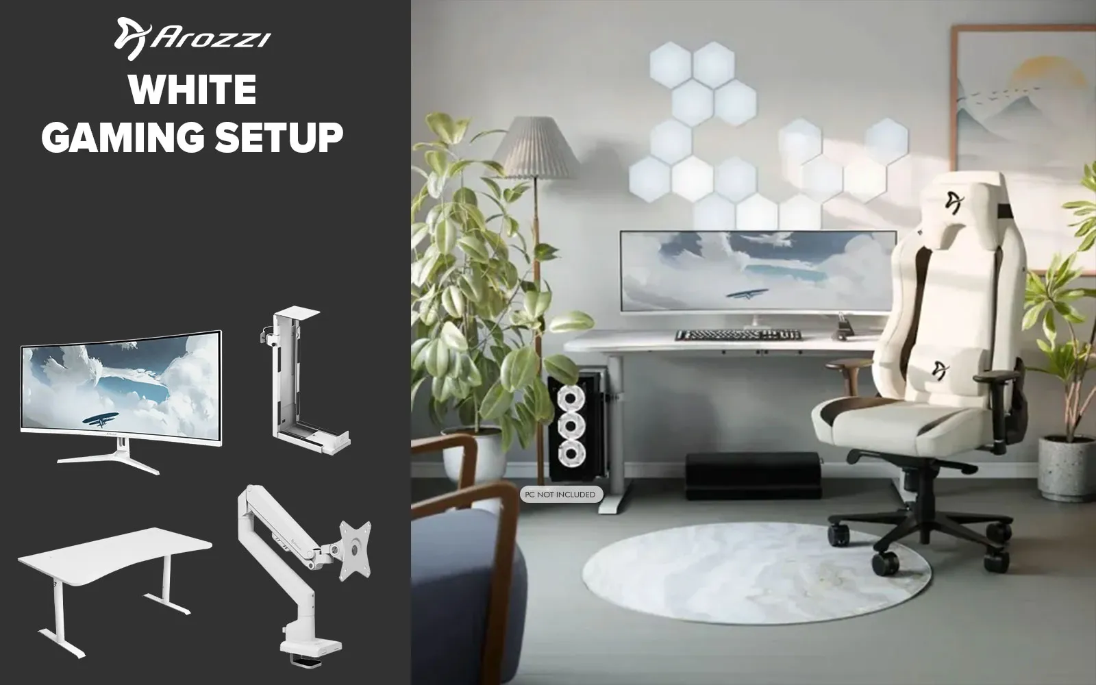 [White] Arozzi Single Monitor Gaming Setup / Arrozi Nova 34“ Curved Gaming Monitor, 165Hz Refresh Rate, UWQHD (3440x1440) Resolution, 1ms Response Time, AZ-NO-34T2K165-WT / Arozzi Arena Large Gaming Desk, Full-surface Microfiber Mousepad Cover, ARENA-PWT / Arozzi Vernazza soft Gaming Chair, VERNAZZA-SPU-WT / Arozzi Alzare Neo Gas Spring Monitor Arm, AZ-ALZARE-NEO-WT / Arrozi Arena PC Mount, AZ-PCMOUNT-WT / PC Not Included