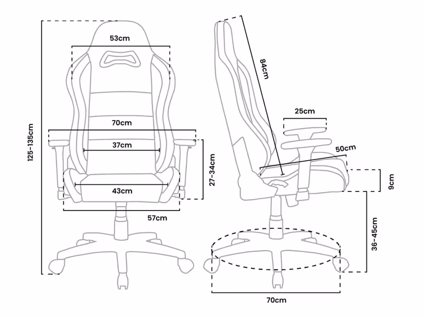 Diagram showing the size and ergonomic fit of the Torretta gaming chair