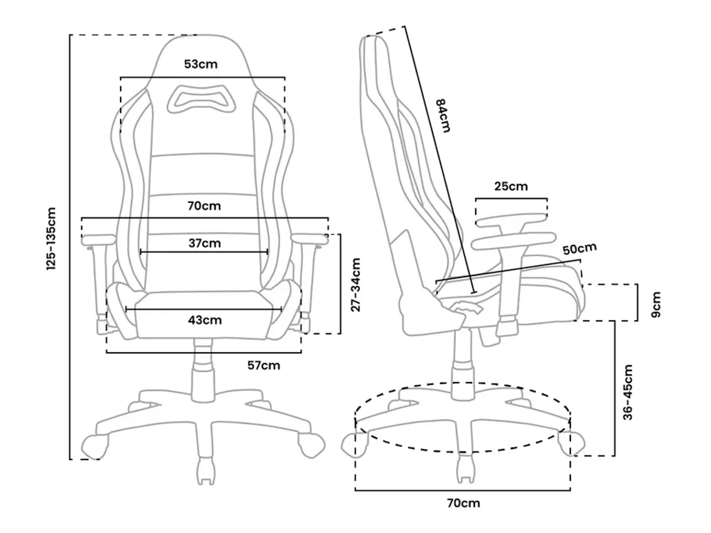 Size and fit diagram of the Torretta Supersoft Gaming Chair