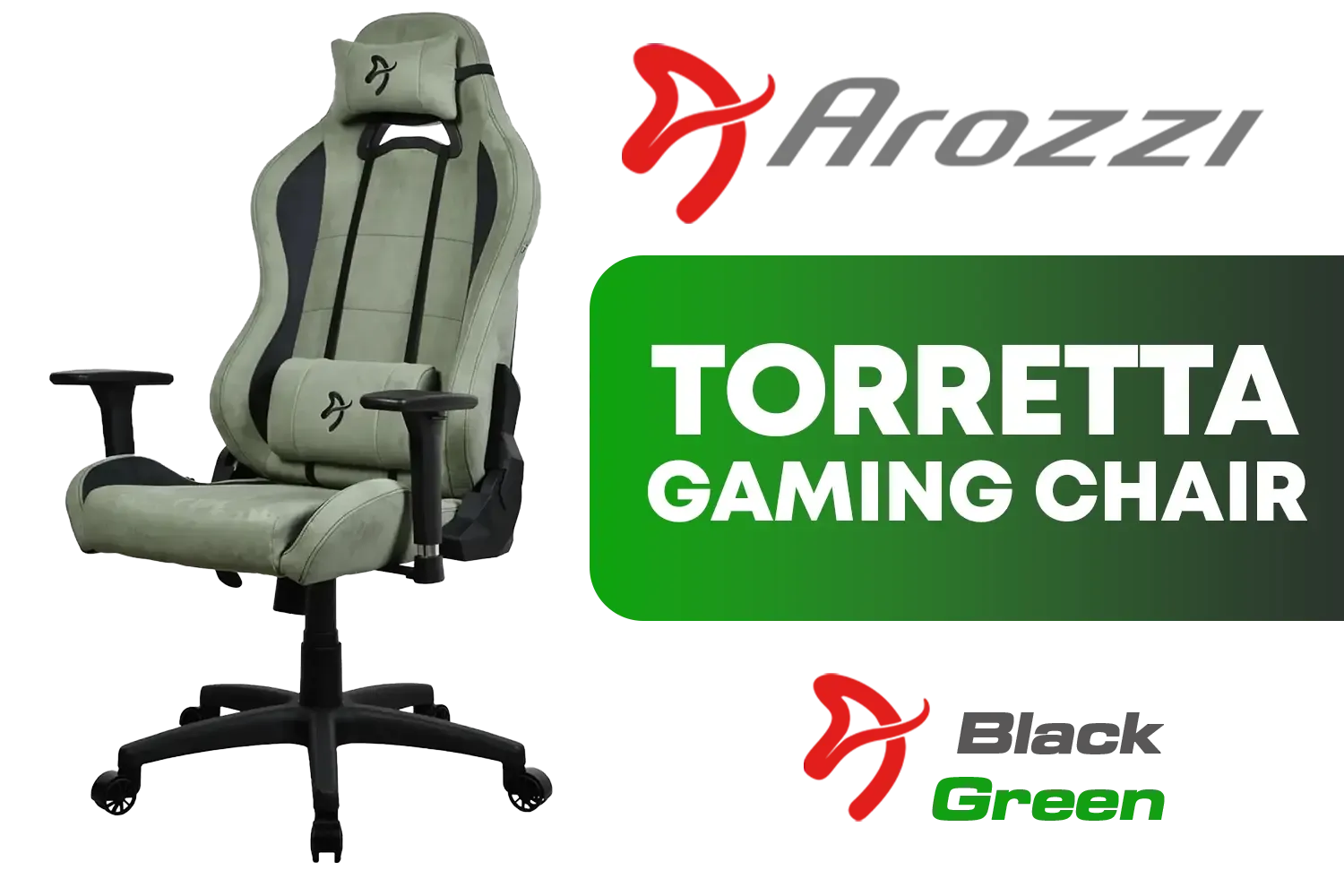 Arozzi Torretta Super Soft Upholstery Fabric Gaming Chair - Forest Green / Breathable Fluid-Repellent Ergonomic / Adjustable Height / 3D Armrest & 2 Supportive Pillows / TORRETTA-SPSF-FST