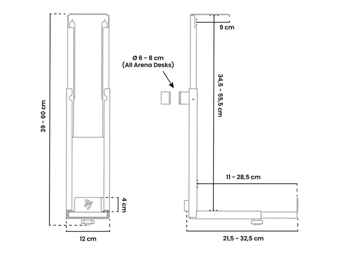 Arozzi Arena PC Mount showing adjustable case measurements