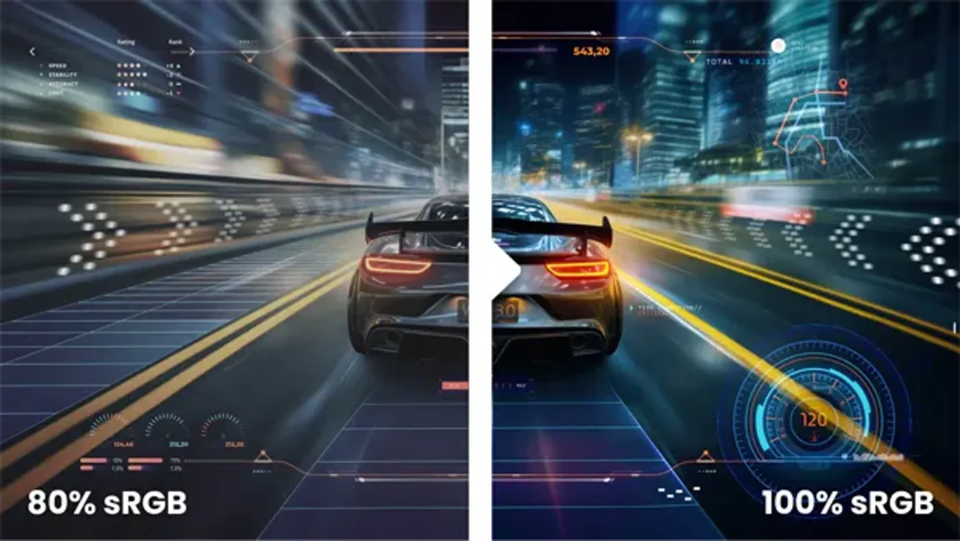Vivid color display showing 100% sRGB and 90% DCI-P3 color gamut coverage