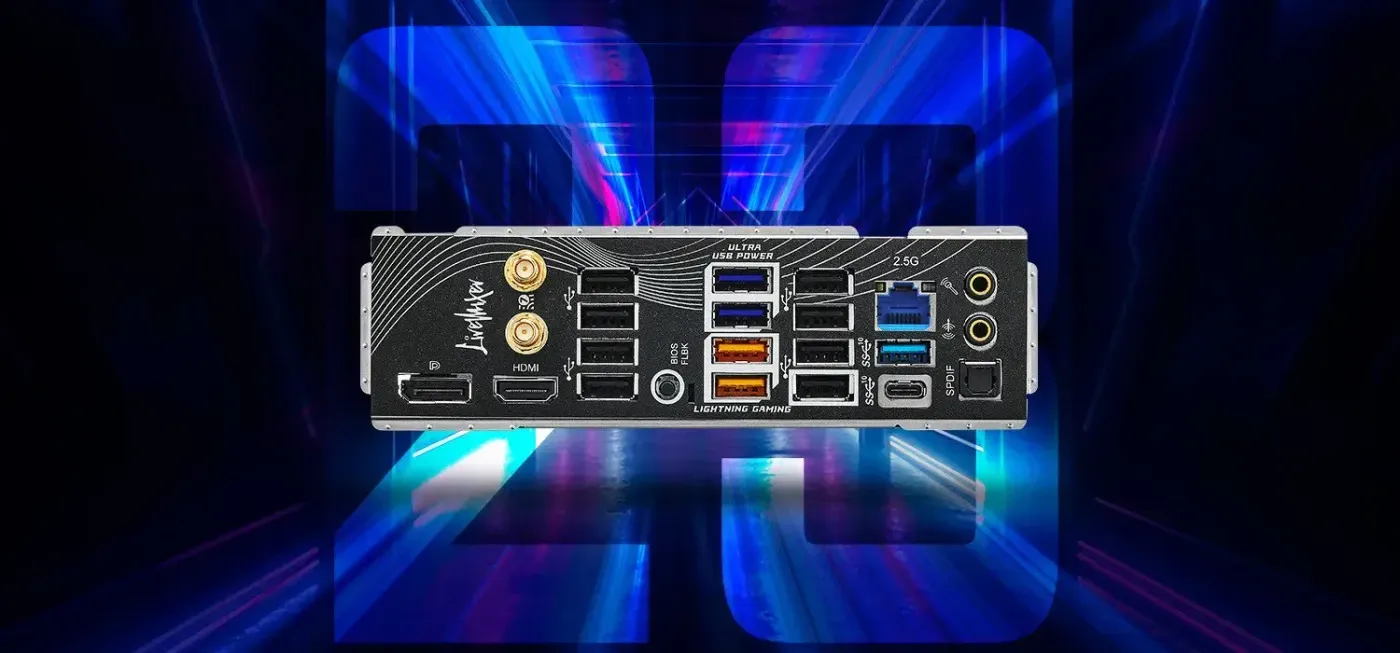 Rear I/O panel displaying extensive 23 USB port connectivity