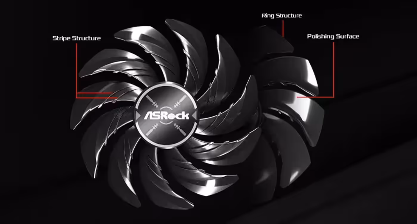 ASRock Intel ARC B580 Challenger graphics card featuring striped axial fan design